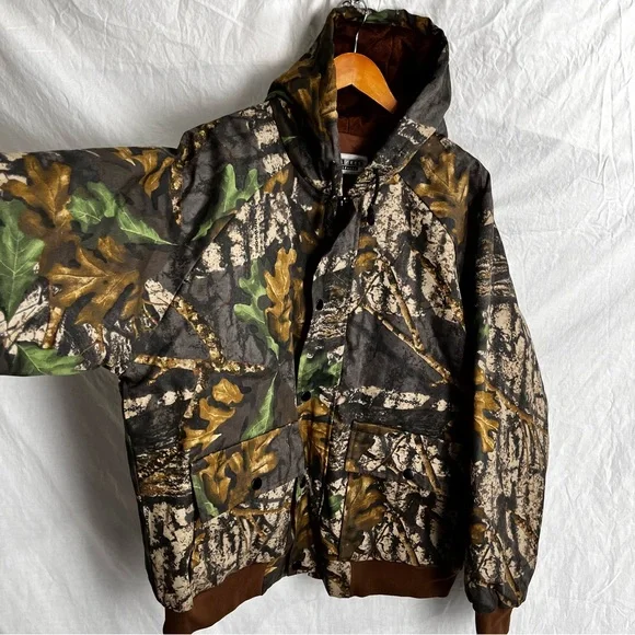 Vintage Jerzees Outdoors Jacket Men L Big Wood Camo Hooded Bomber Quilt Lined